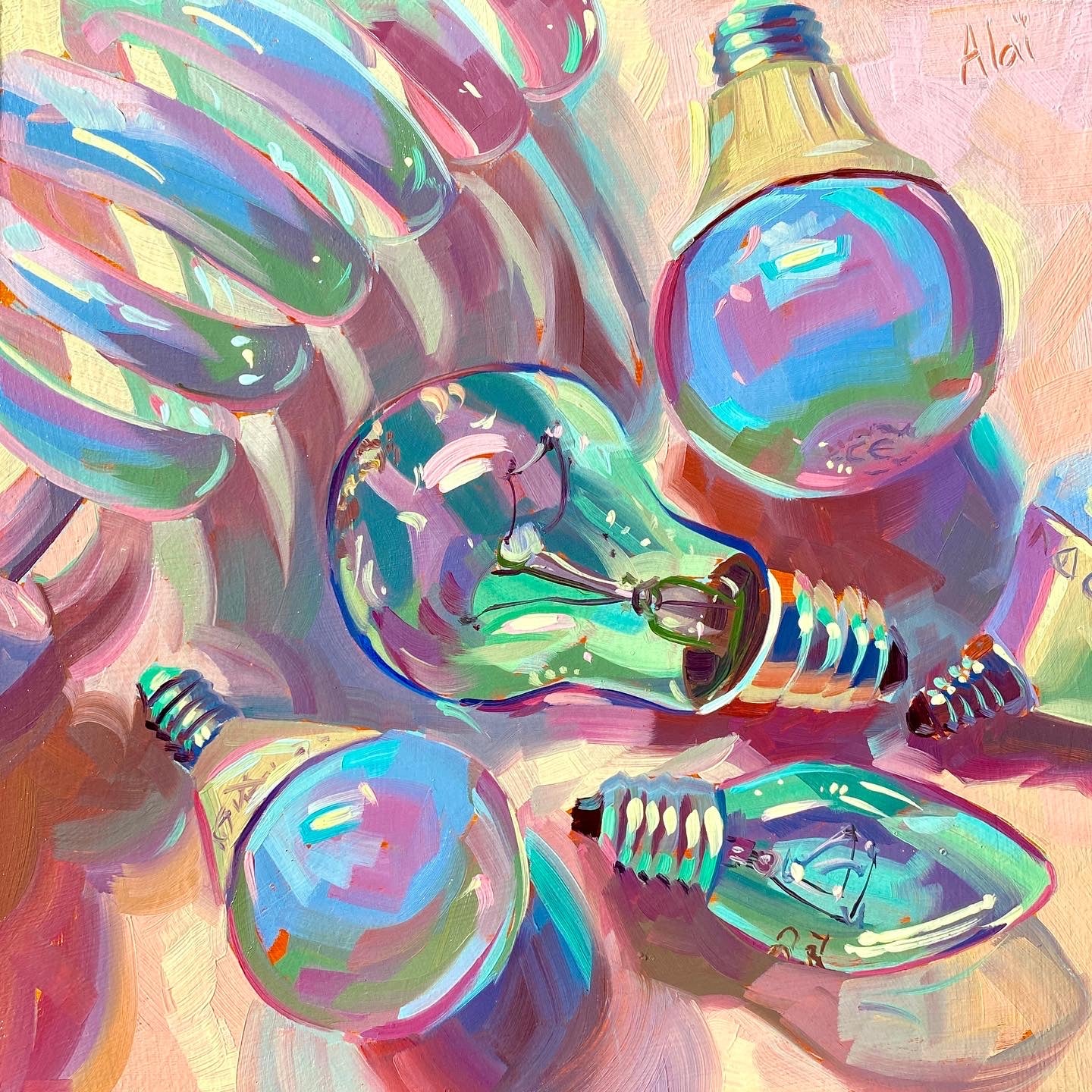 Original oil painting by Alai Ganuza titled "Lightbulbs V". A composition of scattered lightbulbs of various shapes reflecting iridescent shades of teal, blue, and purple on a soft pink background.