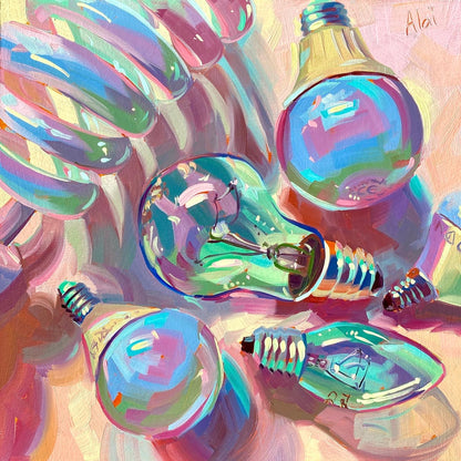 Original oil painting by Alai Ganuza titled "Lightbulbs V". A composition of scattered lightbulbs of various shapes reflecting iridescent shades of teal, blue, and purple on a soft pink background.