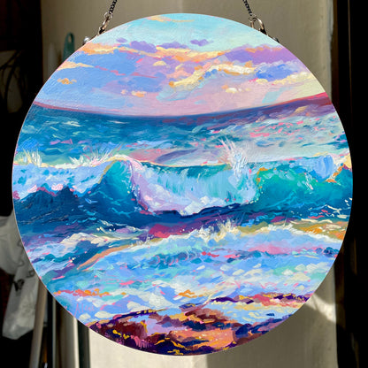 Day/Night Reversible Landscape - Original Oil Painting - Round Seascape - 8 inches
