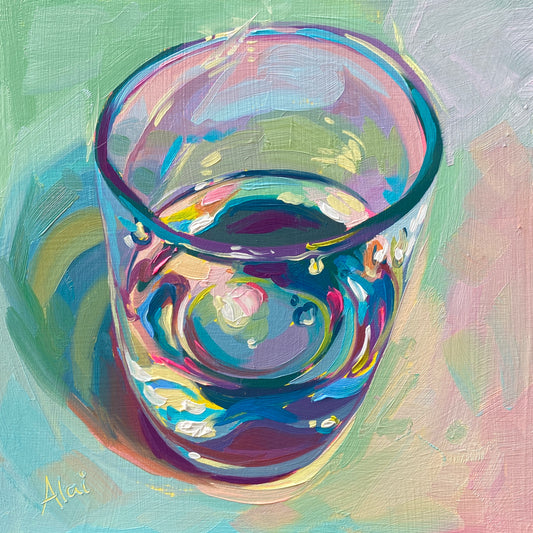 Original oil painting by Alai Ganuza titled "Water of glass". A clear glass partially filled with water, viewed from above, featuring vibrant prismatic reflections in teal, purple, and pink on a pastel background.