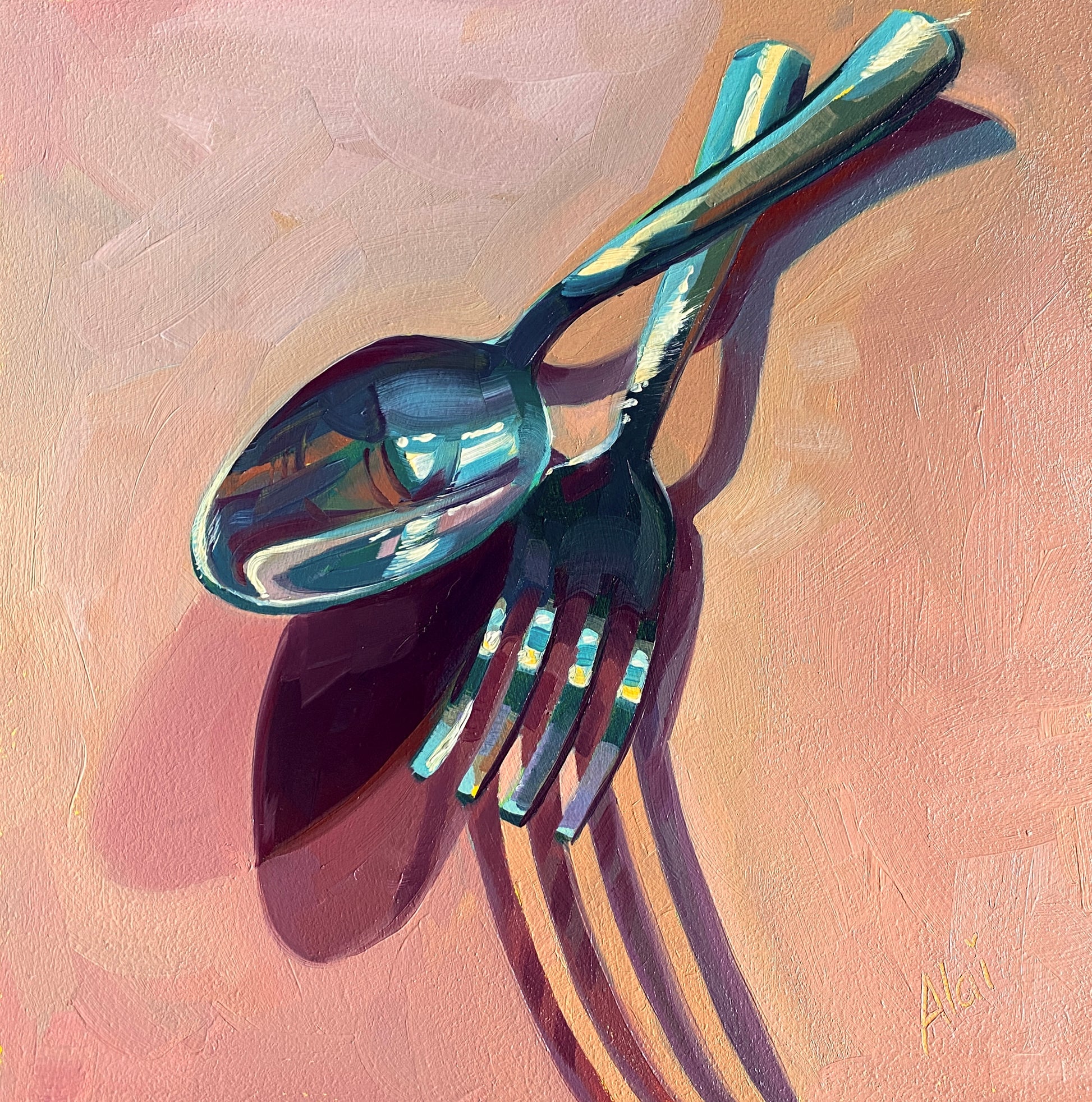Original oil painting by Alai Ganuza titled "Fork and Spoon". A metallic spoon resting on a fork, rendered in thick impasto with vibrant teal and gold reflections, casting a deep violet shadow on a warm terracotta background.
