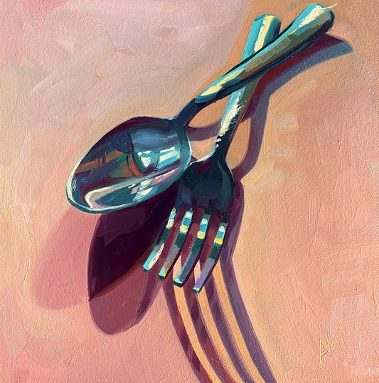 Original oil painting by Alai Ganuza titled "Fork and Spoon". A metallic spoon resting on a fork, rendered in thick impasto with vibrant teal and gold reflections, casting a deep violet shadow on a warm terracotta background.