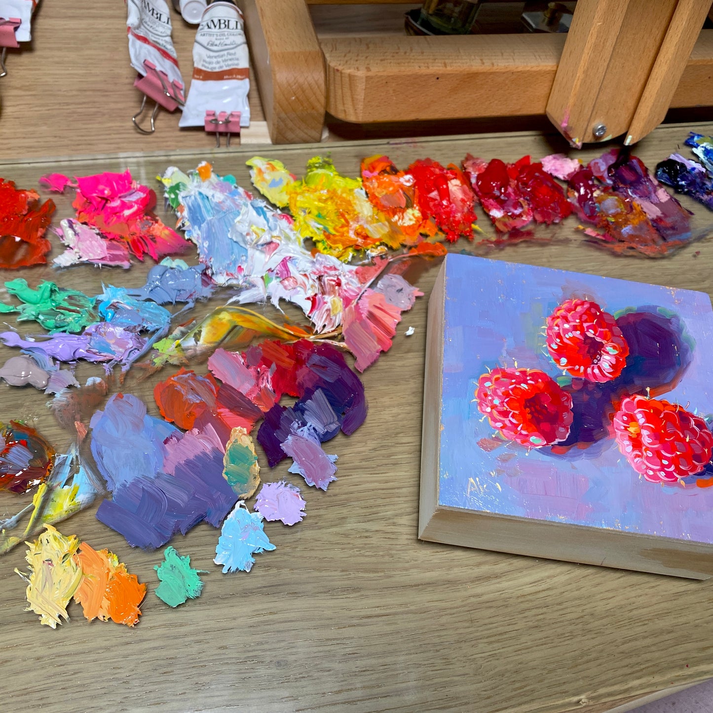 Three Raspberries in Gold - Original Oil Painting - Fruit Art - 4.75 inches