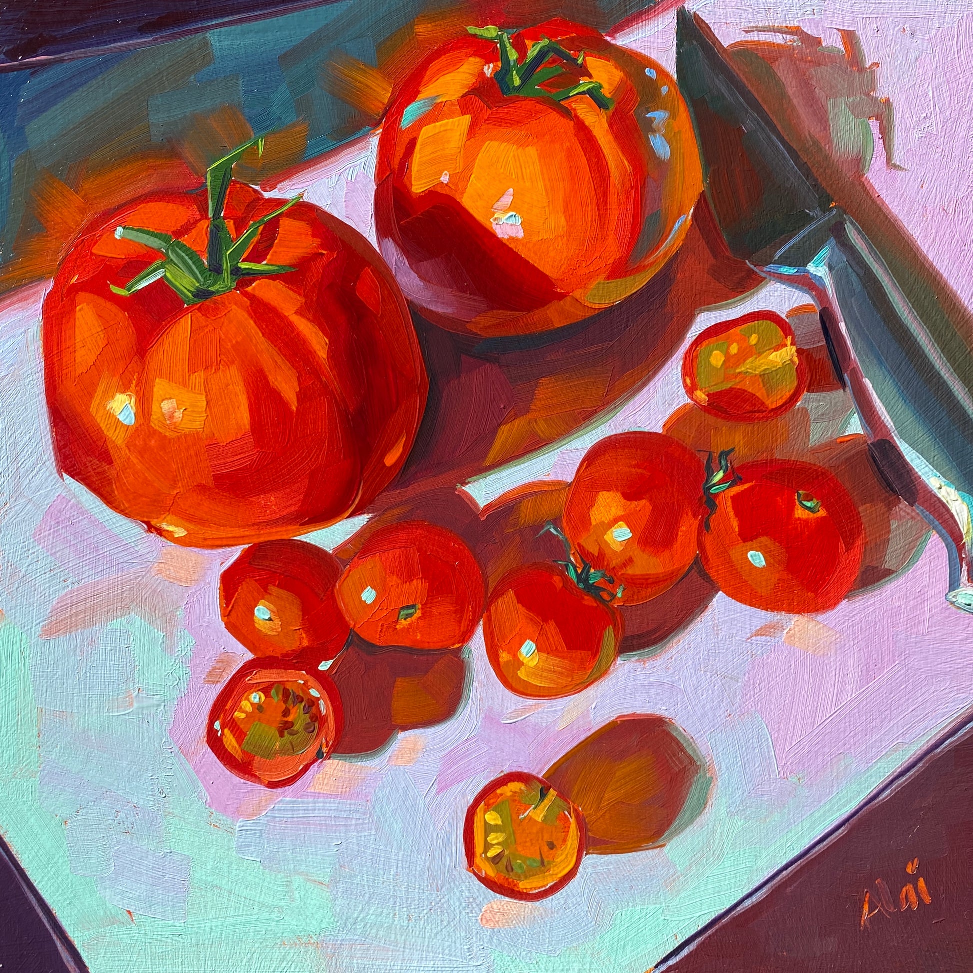 Original oil painting by Alai Ganuza titled "Tomato family". Two large red tomatoes and a cluster of cherry tomatoes, some sliced, resting next to a chef's knife on a textured pastel background.