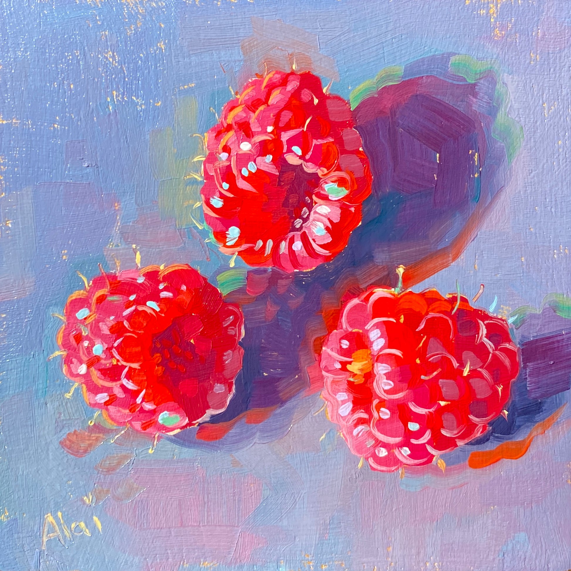 Original oil painting by Alai Ganuza titled "Three raspberries in gold". Three bright pinkish-red raspberries casting deep purple shadows on a textured lavender-blue background, with subtle flecks of a golden underpainting shining through.