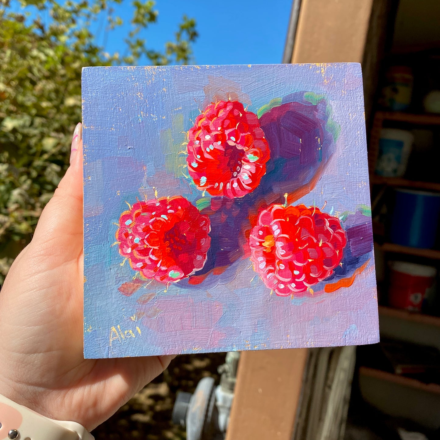 Three Raspberries in Gold - Original Oil Painting - Fruit Art - 4.75 inches