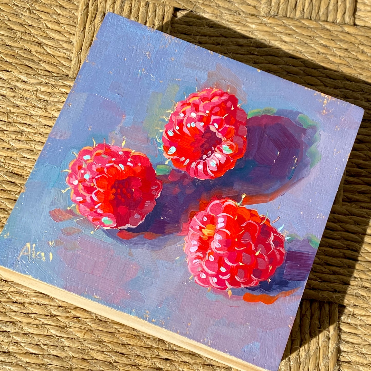 Three Raspberries in Gold - Original Oil Painting - Fruit Art - 4.75 inches