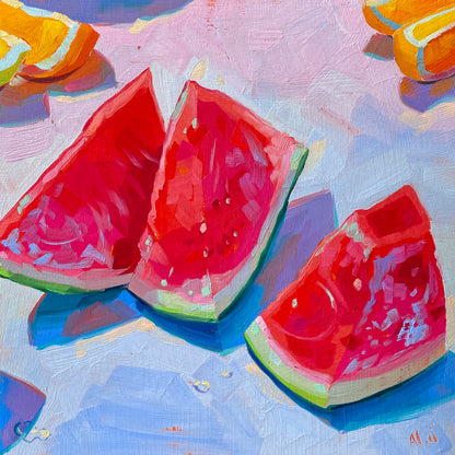 Original oil painting by Alai Ganuza titled "Cobalt watermelons". Three juicy red slices of watermelon casting intense, deep blue shadows on a textured pastel background, with hints of orange slices in the top corners.