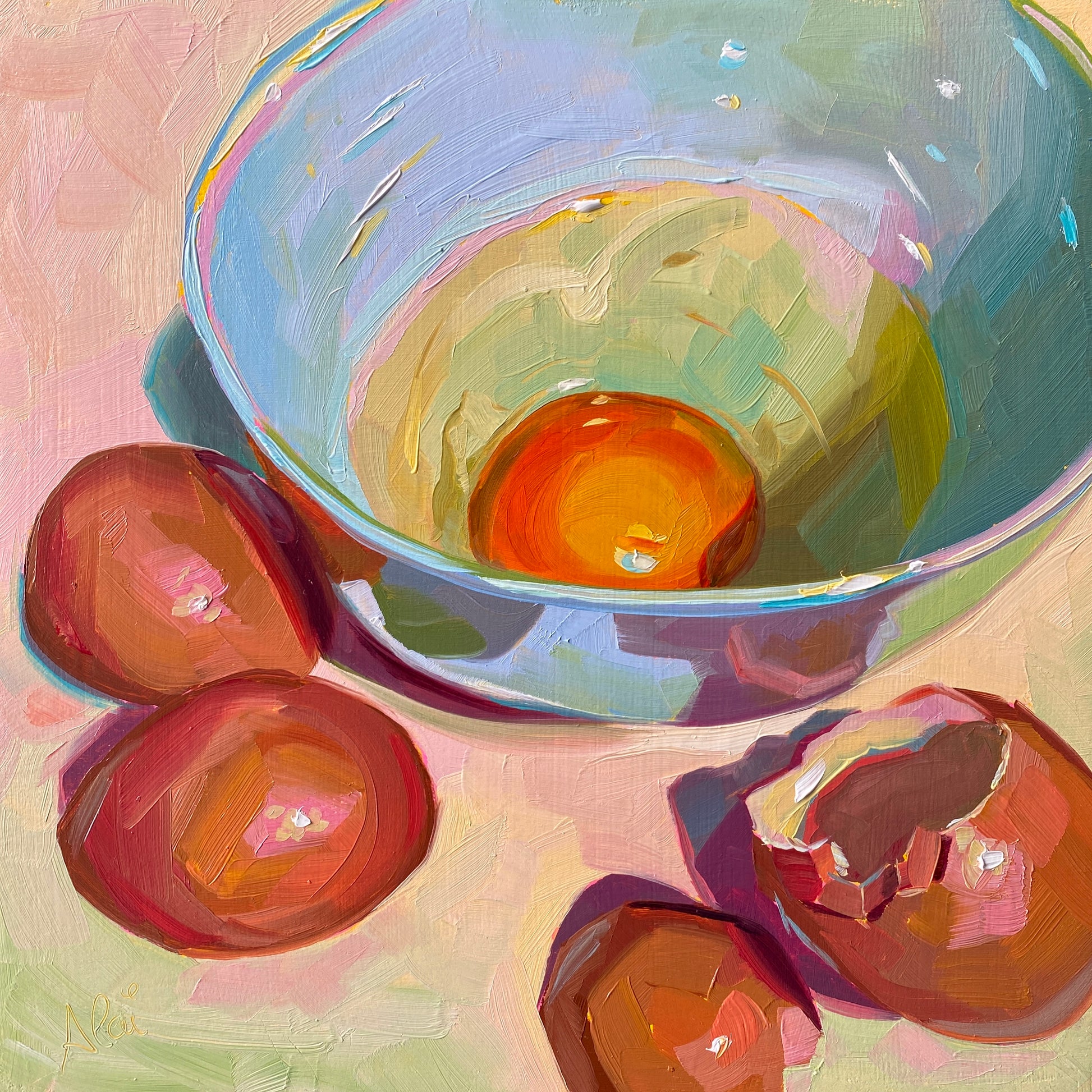 Original oil painting by Alai Ganuza titled "Raw egg in bowl". A single vibrant orange egg yolk inside a light blue bowl, surrounded by several brown eggshells on a pink surface, rendered in thick impasto with prismatic highlights.