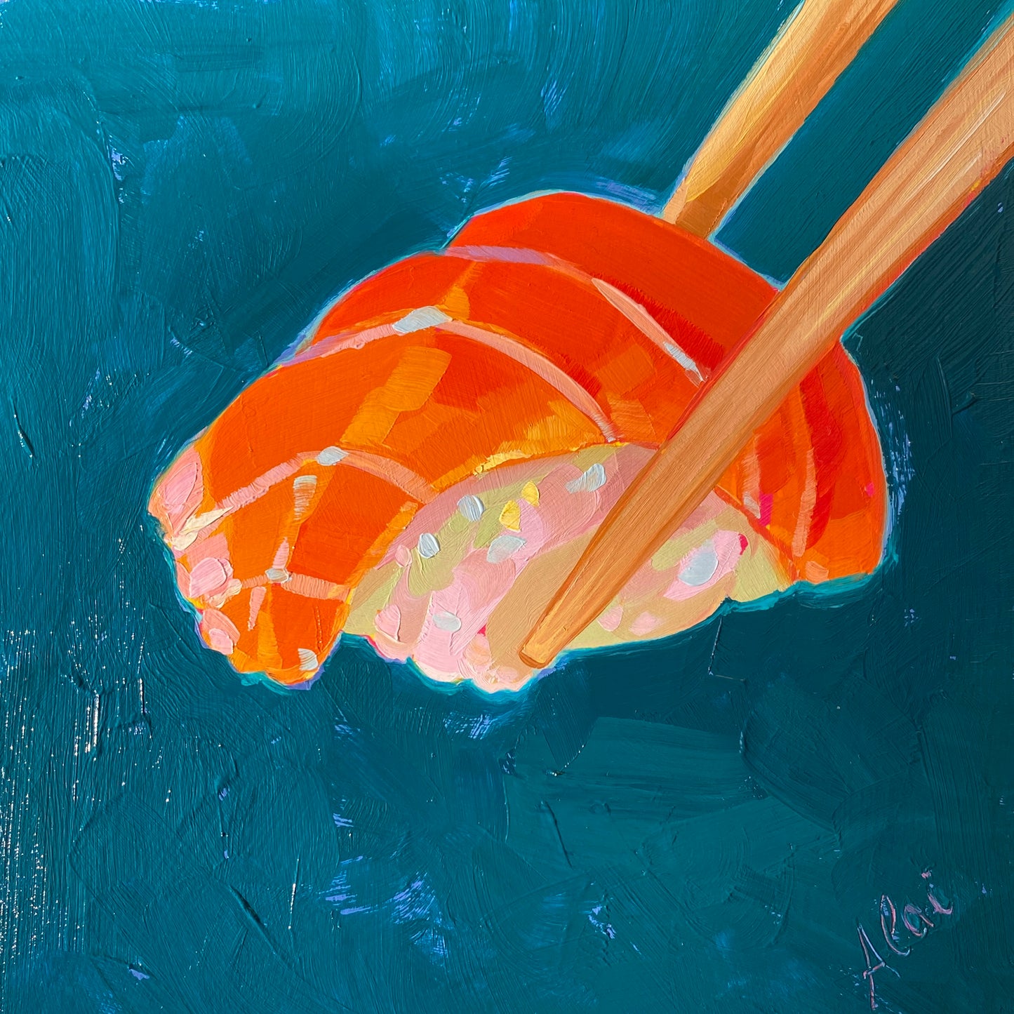 Original oil painting by Alai Ganuza titled "Nigiri". A piece of salmon sushi being held by wooden chopsticks, featuring bright orange and pink tones against a deep textured teal background.