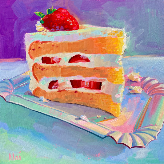 Original oil painting by Alai Ganuza titled "Strawberry shortcake II". A delicious slice of three-layer sponge cake filled with white cream and fresh strawberries, topped with a whole red strawberry, resting on a fluted pastel plate against a deep purple background.