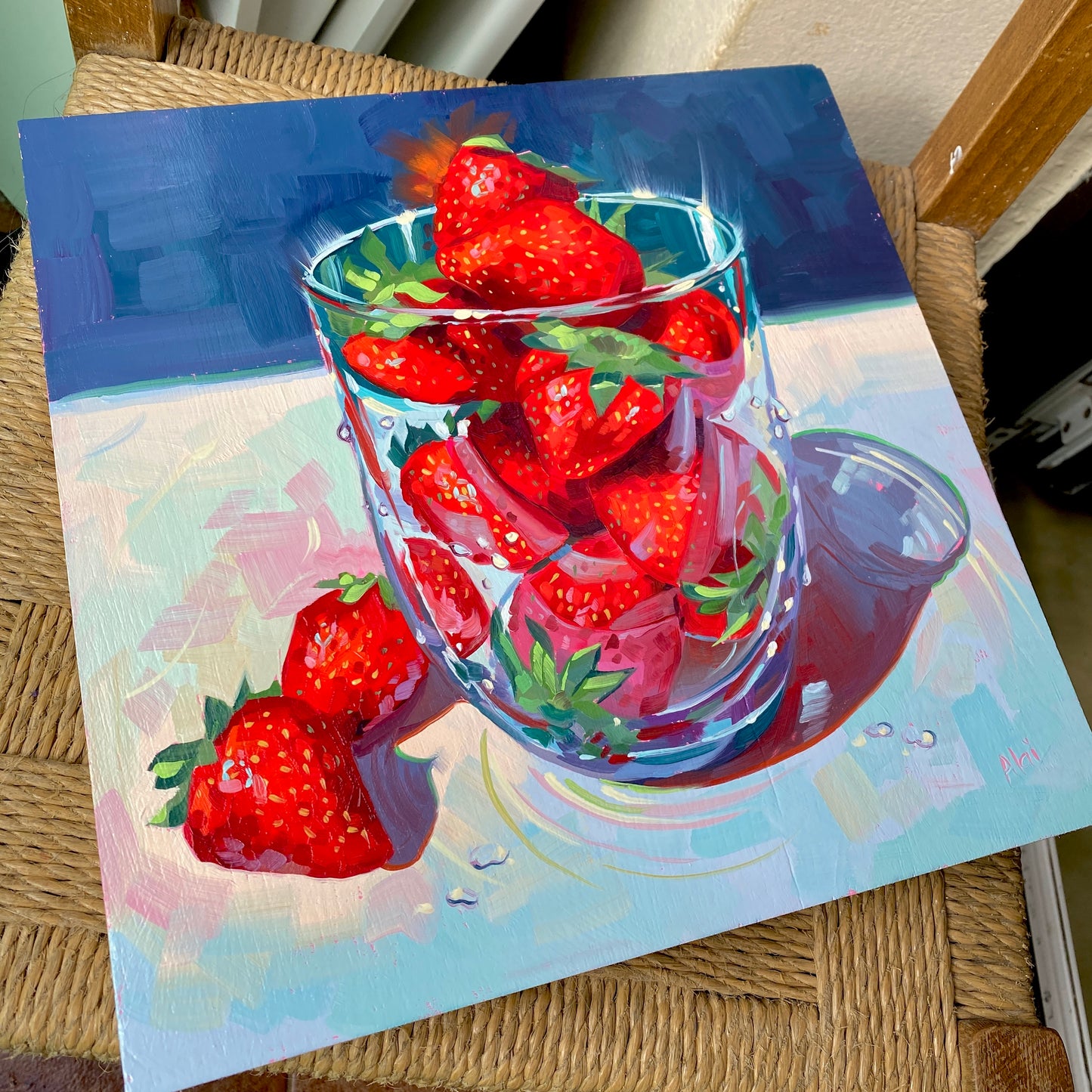 Fresas en vaso - Eau de fresa - Pintura al óleo