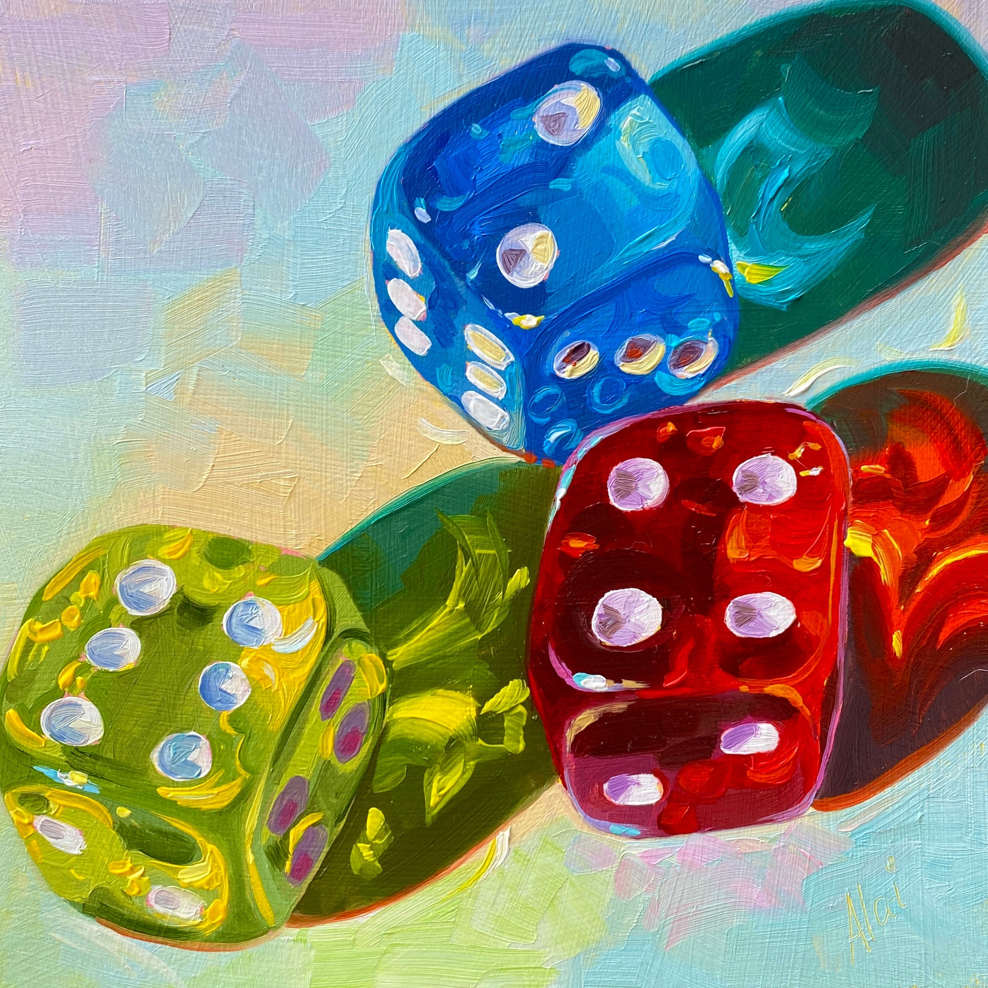 Original oil painting by Alai Ganuza titled "Dice II". Three translucent dice (blue, red, and lime green) rendered in thick impasto with vibrant prismatic reflections and colored shadows on a light background.