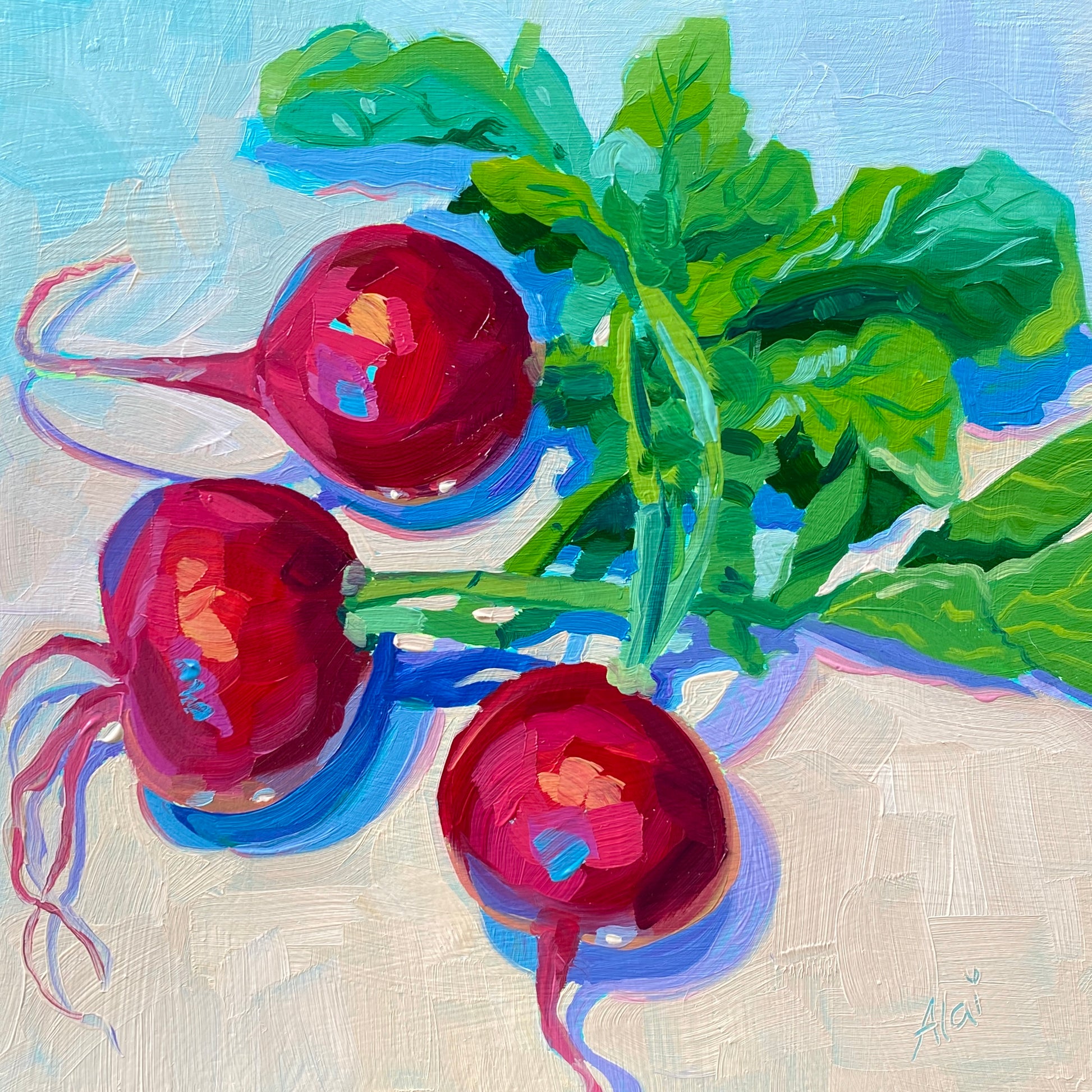 Original oil painting by Alai Ganuza titled "Radishes". Three bright red radishes with green leafy tops rendered in thick impasto with electric cyan highlights and saturated blue shadows on a light background.