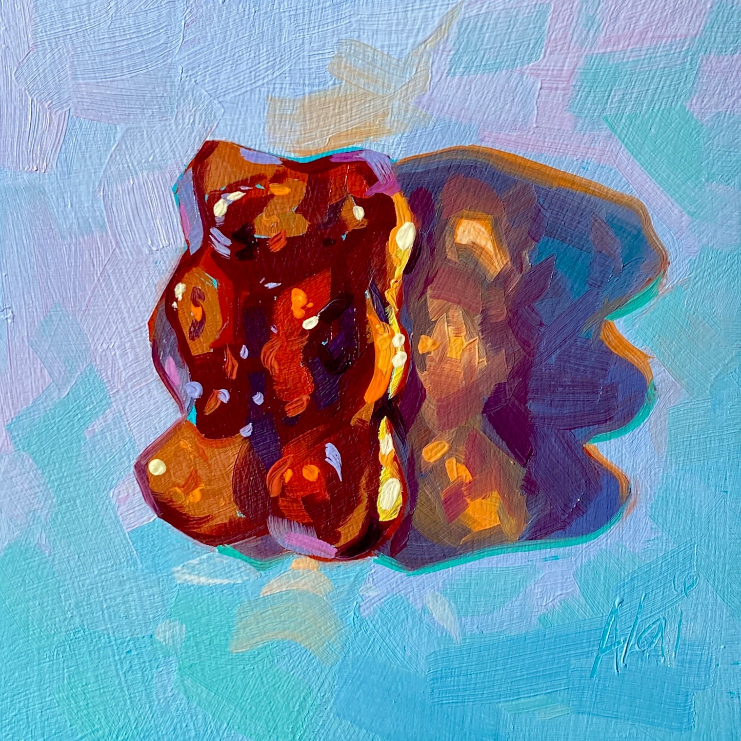 Original oil painting by Alai Ganuza titled "Small Haribo Golden Bear". An amber-colored gummy bear candy painted with thick, glossy textures, casting a purple shadow on a light blue pastel background.