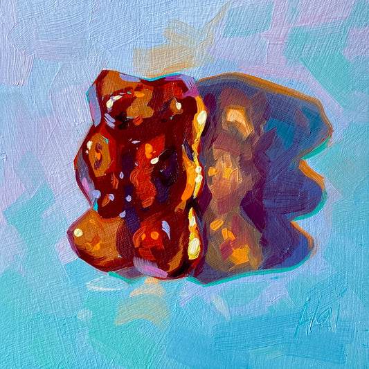 Original oil painting by Alai Ganuza titled "Small Haribo Golden Bear". An amber-colored gummy bear candy painted with thick, glossy textures, casting a purple shadow on a light blue pastel background.