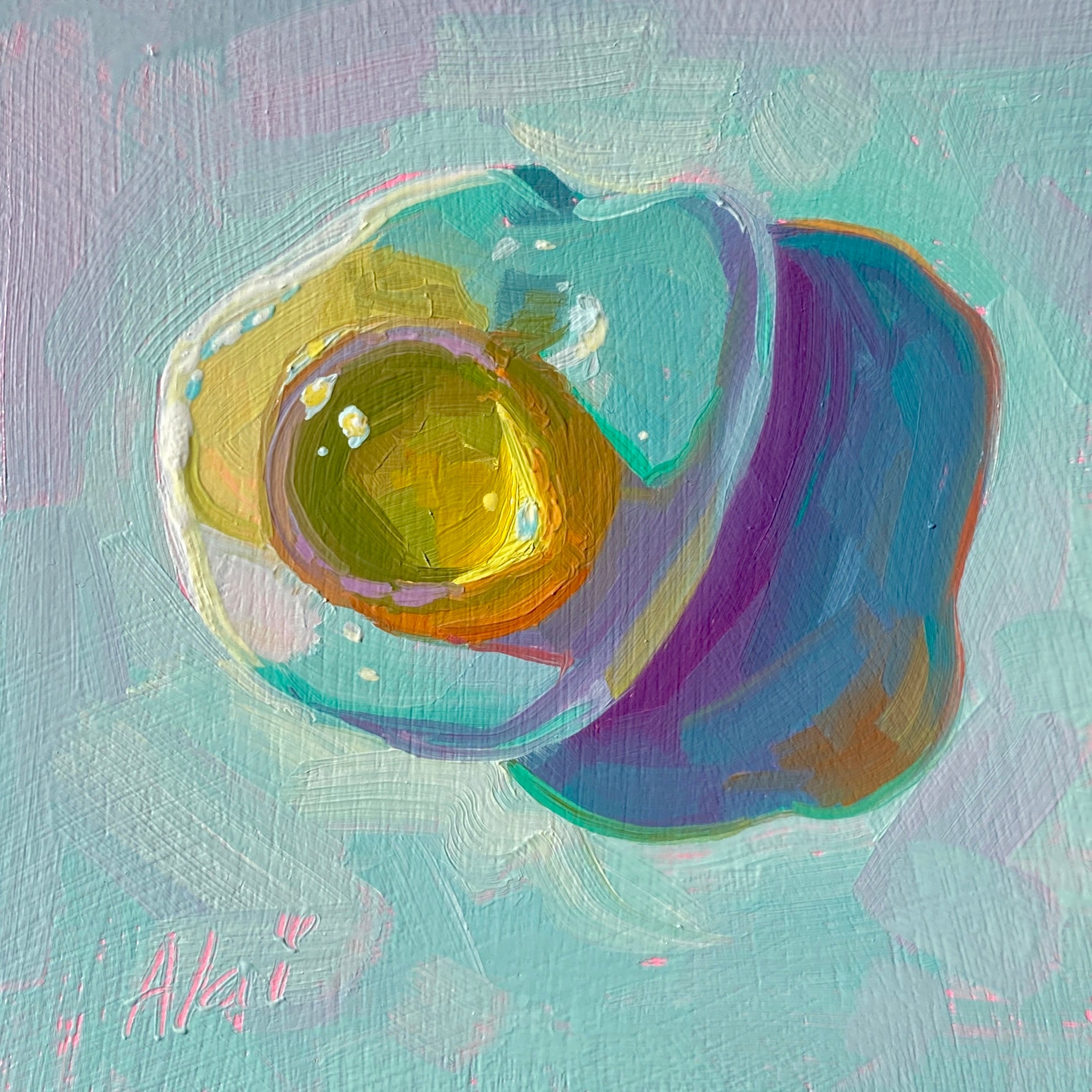 Original oil painting by Alai Ganuza titled "Haribo Egg". A gummy fried egg candy with a golden yellow yolk and translucent, bluish-white edges, casting a deep purple shadow on a pastel blue background with hints of pink peeking through.