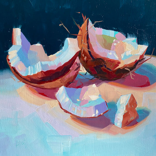 Original oil painting by Alai Ganuza titled "Coconut". Broken coconut pieces with a dark brown husk and a prismatic interior featuring lavender, teal, and soft pink highlights, rendered in thick impasto against a deep teal background.