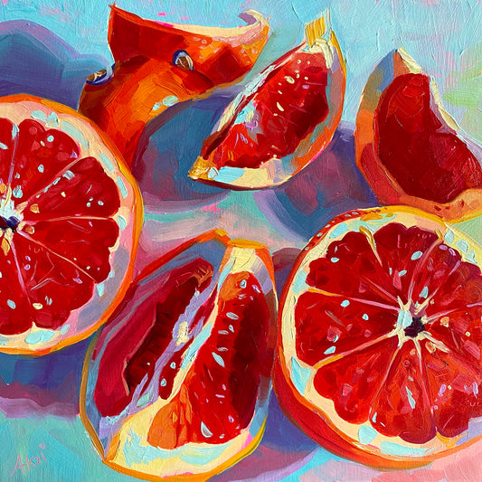 Original oil painting by Alai Ganuza titled "Grapefruits on pink". Sliced grapefruits in vibrant red, orange, and white tones rendered in thick impasto on a pink and blue background.