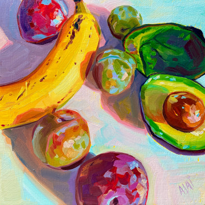 Original oil painting by Alai Ganuza titled "Fruit mix". A vibrant still life featuring a bright yellow banana, a sliced avocado with pit, and several purple plums rendered in thick impasto with neon reflections on a light background.