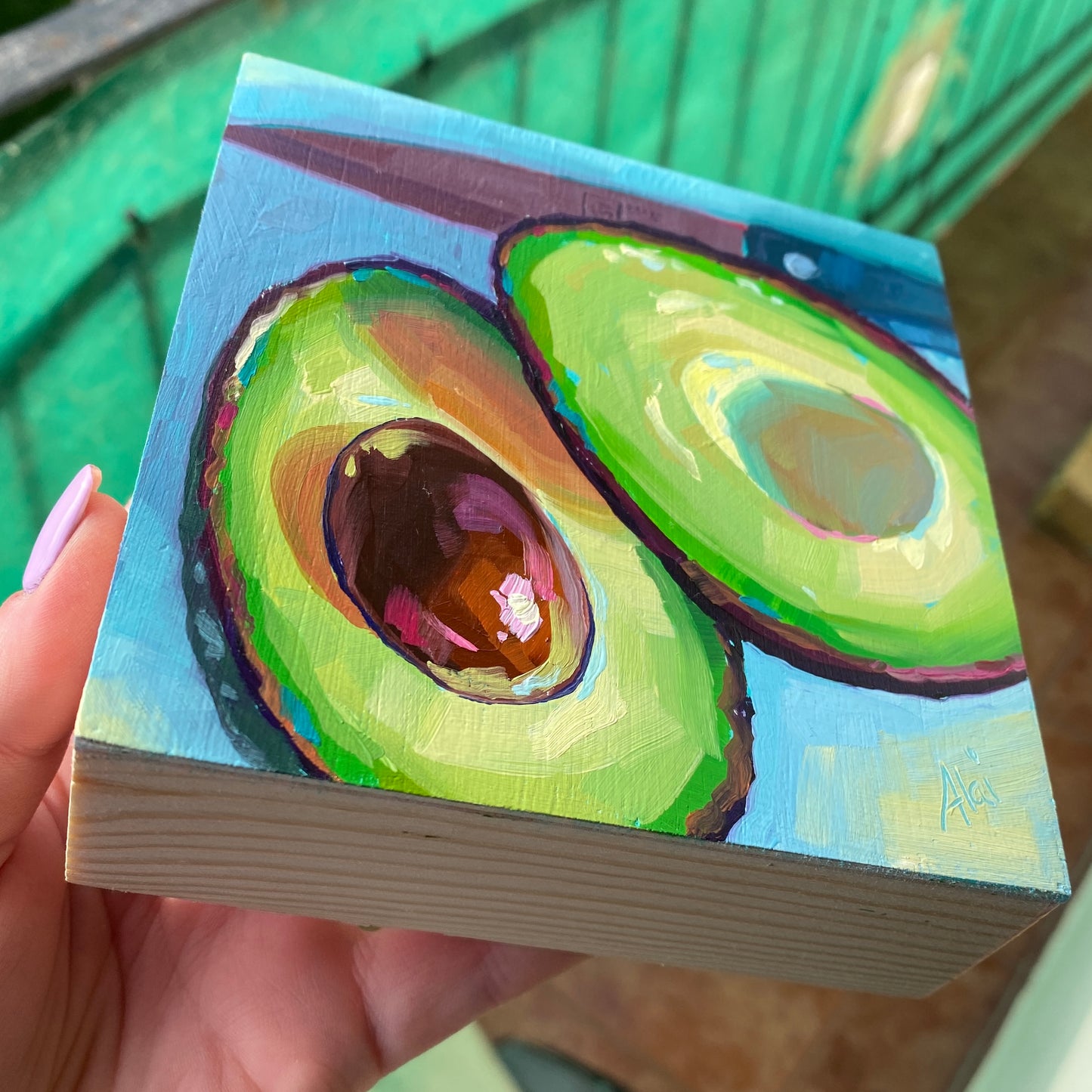 Avocados and Knife II - Original Oil Painting - Kitchen Art - 4.7x4.7 inches