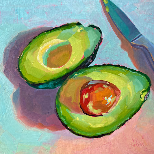 Original oil painting by Alai Ganuza titled "Avocados and knife". Two ripe avocado halves—one with a glossy pit—rendered in thick green and yellow impasto against a light blue background with a silver knife.