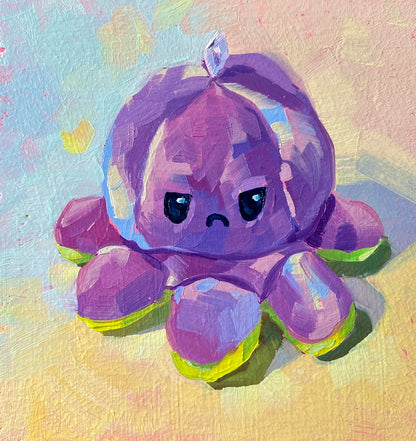 Original oil painting by Alai Ganuza titled "Mini green octoplushie (grumpy side)". A purple and lavender reversible octopus plushie with a grumpy frowning face and lime green tentacle trim, rendered in thick impasto on a light, textured background.