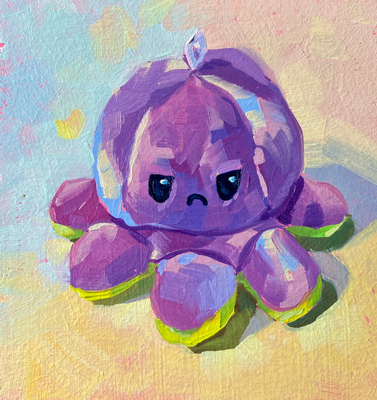 Original oil painting by Alai Ganuza titled "Mini green octoplushie (grumpy side)". A purple and lavender reversible octopus plushie with a grumpy frowning face and lime green tentacle trim, rendered in thick impasto on a light, textured background.