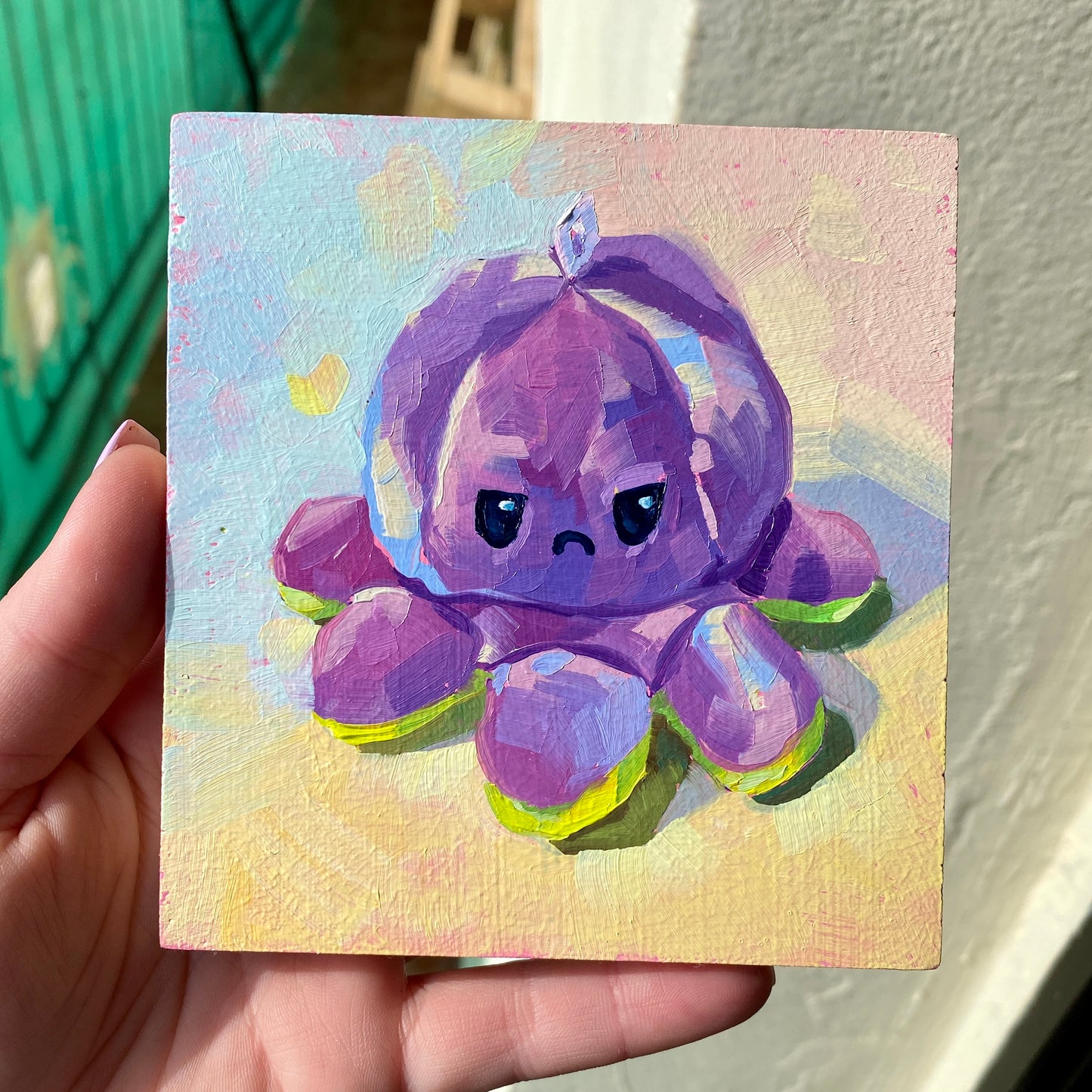 Mini octoplushie verde (lado gruñón) Pintura al Óleo