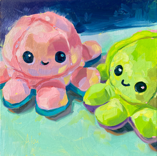 Original oil painting by Alai Ganuza titled "Happy together". A smiling pink octopus plushie and a smiling lime-green octopus plushie sitting side-by-side on a vibrant turquoise background with thick, expressive impasto brushwork.