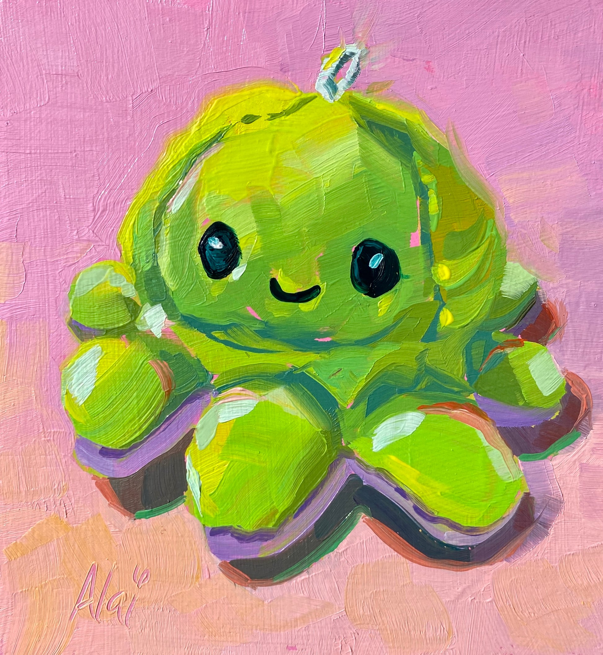 Original oil painting by Alai Ganuza titled "Mini green octoplushie (happy side)". A bright lime-green reversible octopus plushie with a smiling face, rendered in thick impasto on a textured pink background.