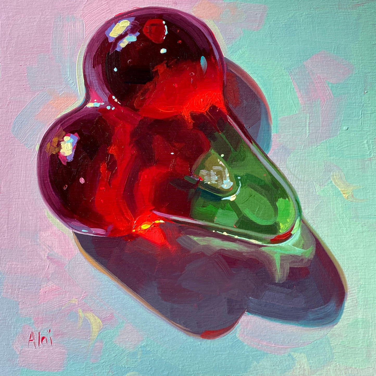 Original oil painting by Alai Ganuza titled "Sweet life: Cherries I". A single glossy red cherry with a green stem, featuring vibrant reflections and thick impasto texture, casting a deep purple shadow on a pink and mint green background.