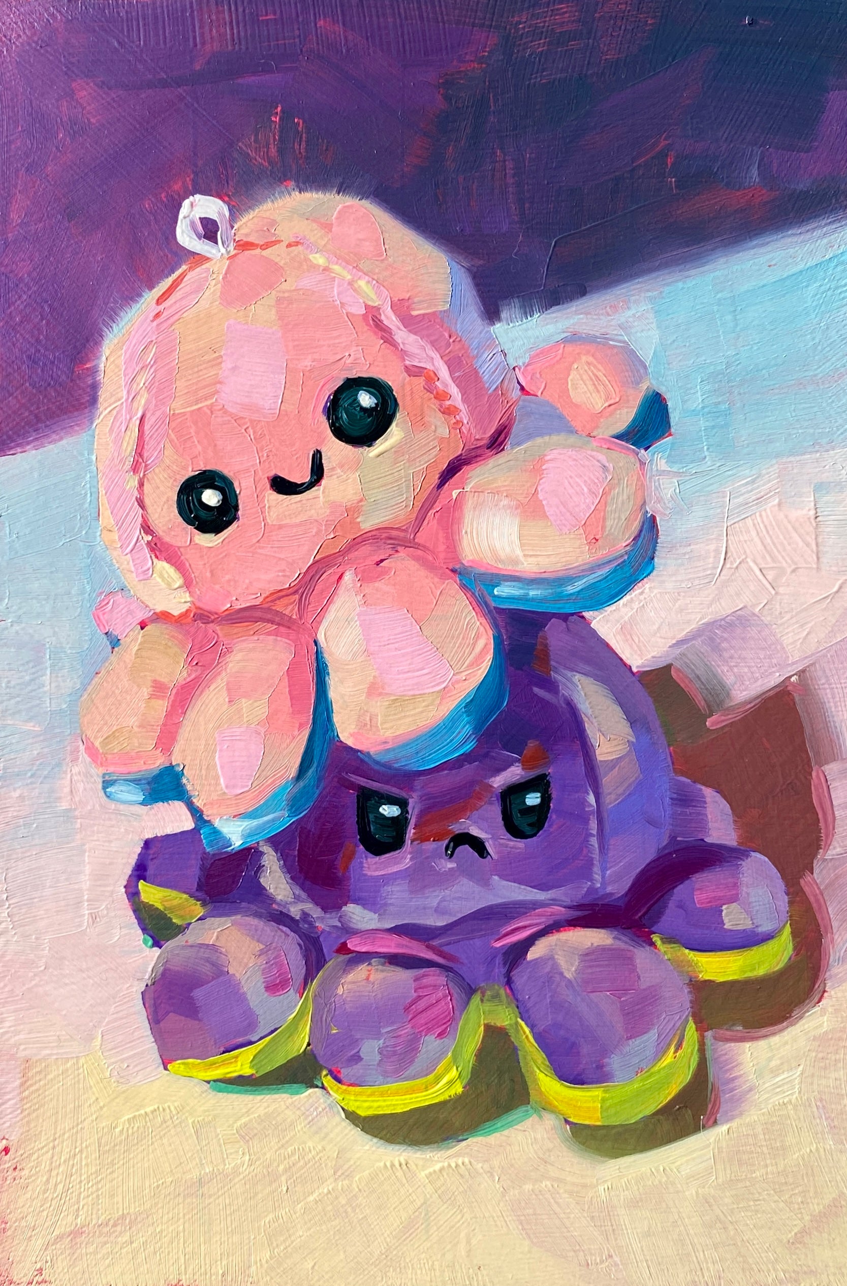 Original oil painting by Alai Ganuza titled "Don't be sad II". A smiling pink octopus plushie stacked on top of a frowning purple octopus plushie with yellow trim, rendered in thick impasto on a moody purple and cream background.