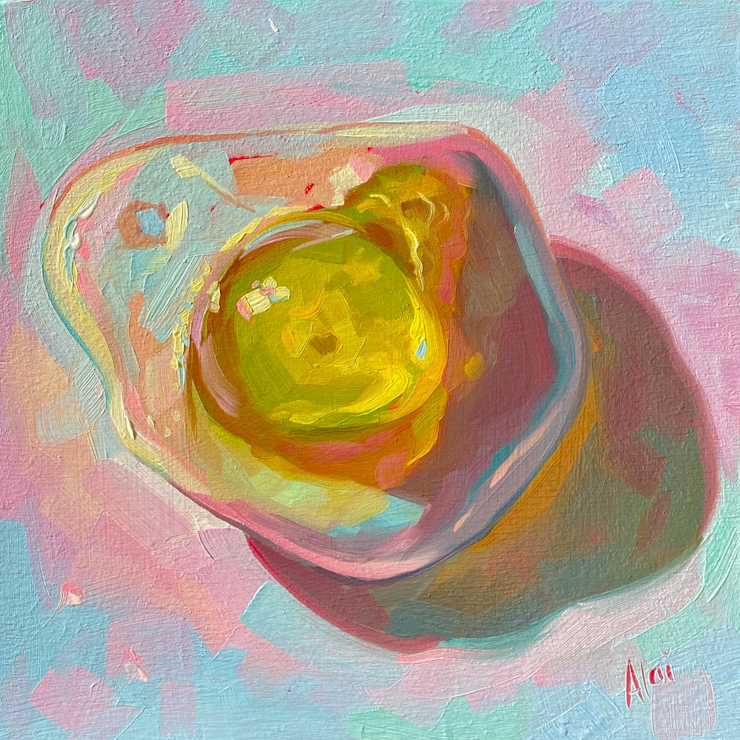 Original oil painting by Alai Ganuza titled "Sweet Life: Egg". A large, glossy fried egg gummy candy with a yellow yolk and translucent white edges, painted on a pastel pink and blue background.