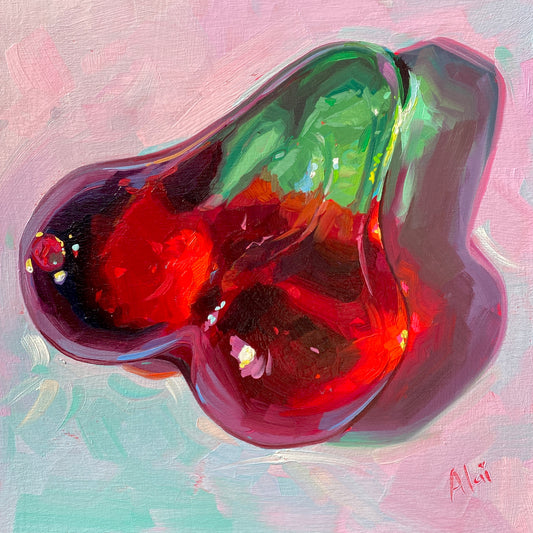 Original oil painting by Alai Ganuza titled "Sweet Life: Cherries II". A large, glossy red gummy cherry candy with a green stem base, painted with translucent textures on a pastel pink and blue background.
