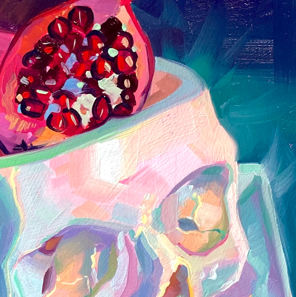 Brains! - Pomegranate & Skull Original Oil Painting - Spooky Art - 9 inches