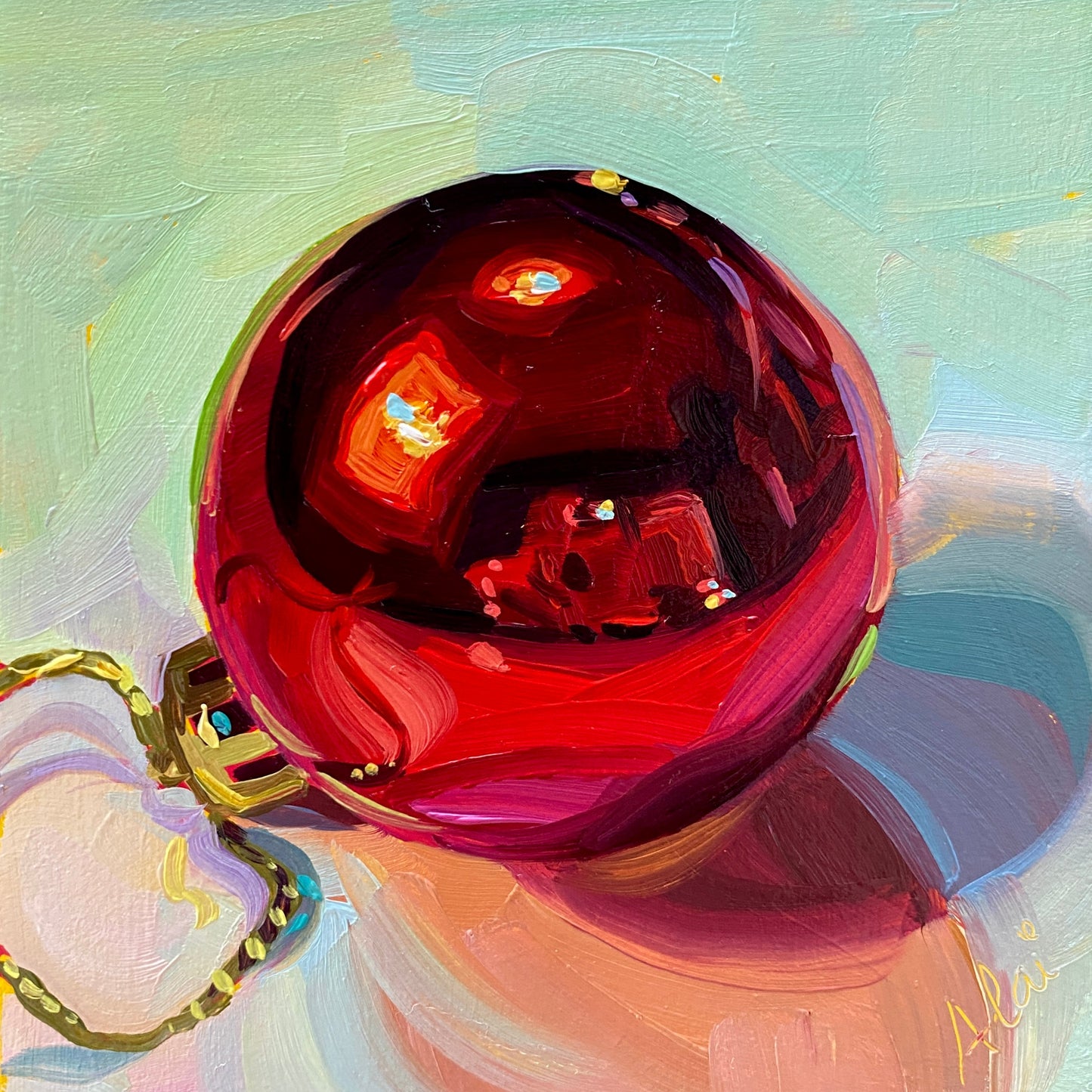 Red christmas ball (shiny) - Original Oil Painting