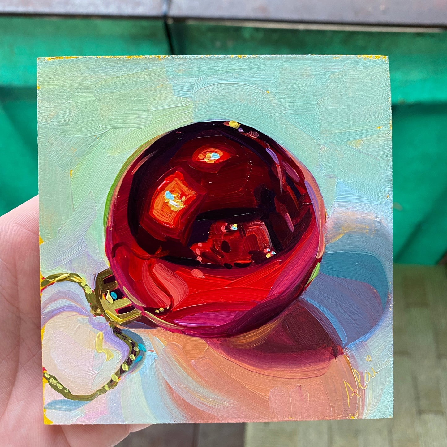 Red christmas ball (matte) - Original Oil painting