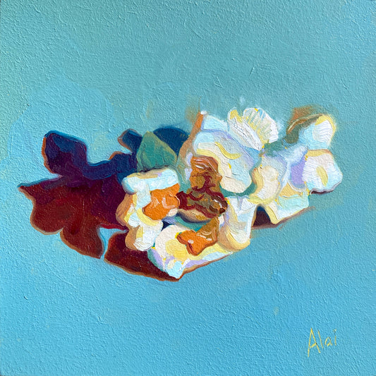 Original oil painting by Alai Ganuza titled "Popcorn". Several kernels of popped corn rendered in thick white, yellow, and orange impasto against a textured teal background with deep maroon shadows.