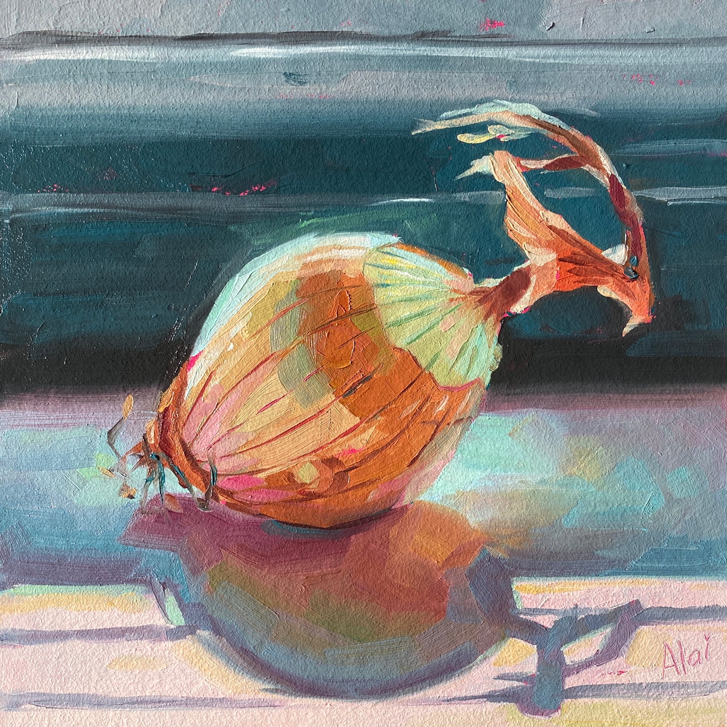 Original oil painting by Alai Ganuza titled "Onion balls". A single yellow onion with papery skin rendered in thick impasto, featuring vibrant lime green and pink highlights against a dark teal and lavender background.