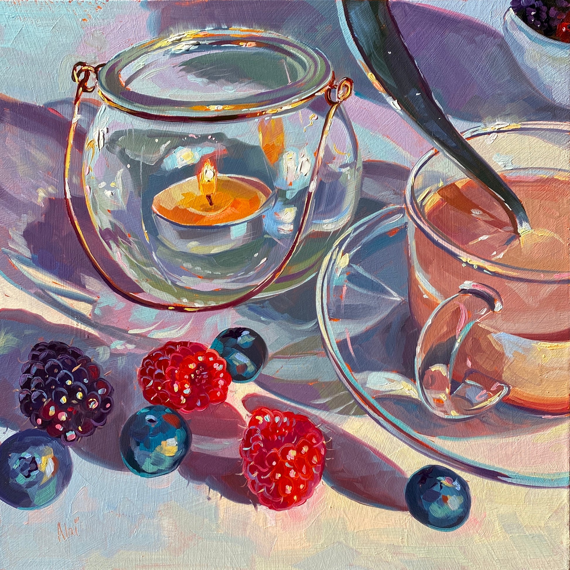 Original oil painting by Alai Ganuza titled "Berries, coffee and candle". A cozy arrangement featuring a lit candle in a glass jar, a clear glass cup of tea with a spoon, and fresh berries scattered on a sunlit table.