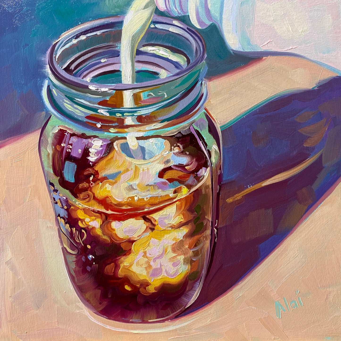 Pintura al óleo del tarro de masón del café