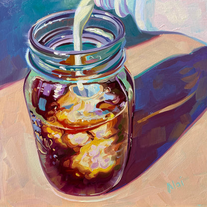 Pintura al óleo del tarro de masón del café