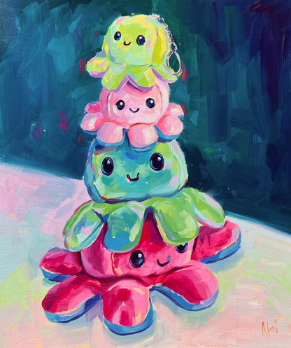 Original oil painting by Alai Ganuza titled "Tower of happy octopus". Four colorful octopus plushies stacked in a pyramid: yellow on top, followed by pink, teal, and a large magenta octopus at the base, set against a dark teal background.