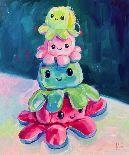 Original oil painting by Alai Ganuza titled "Tower of happy octopus". Four colorful octopus plushies stacked in a pyramid: yellow on top, followed by pink, teal, and a large magenta octopus at the base, set against a dark teal background.