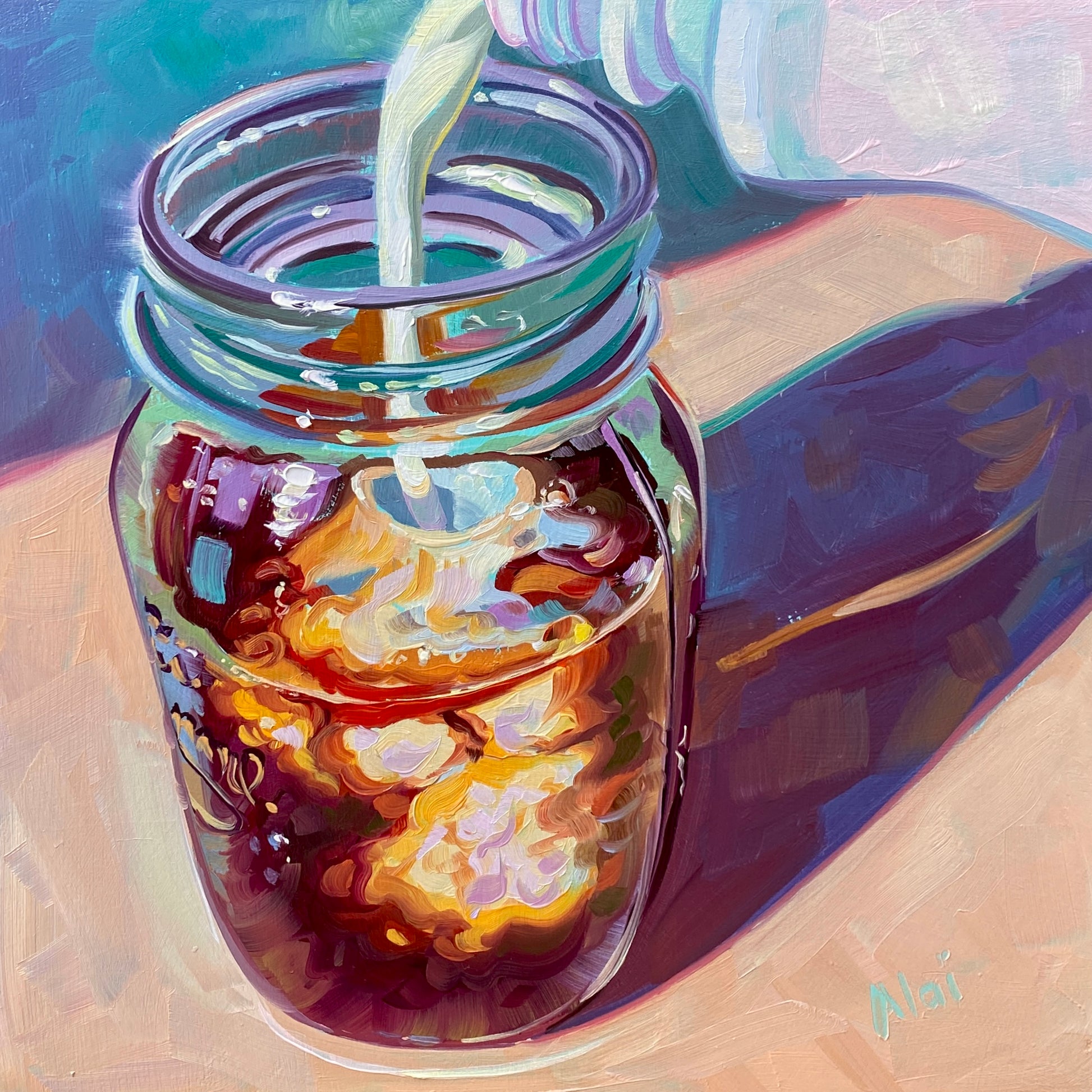 Original oil painting by Alai Ganuza titled "Coffee Mason jar". A clear glass Mason jar filled with dark coffee as a stream of white milk pours in, creating creamy orange and yellow swirls, casting a deep purple shadow on a peach surface.