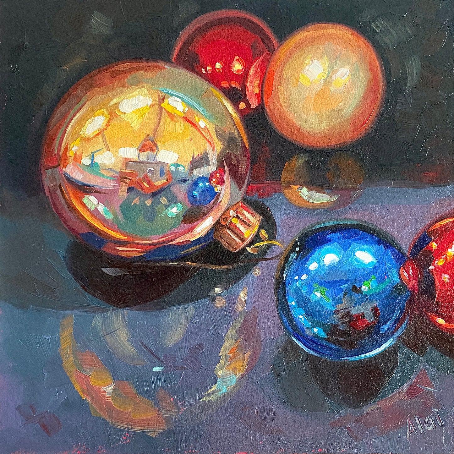 Original oil painting by Alai Ganuza titled "Christmas balls". A collection of festive ornaments including a large gold reflective bauble, a bright blue one, and red ones in the background, rendered in thick impasto on a dark surface with prismatic reflections.