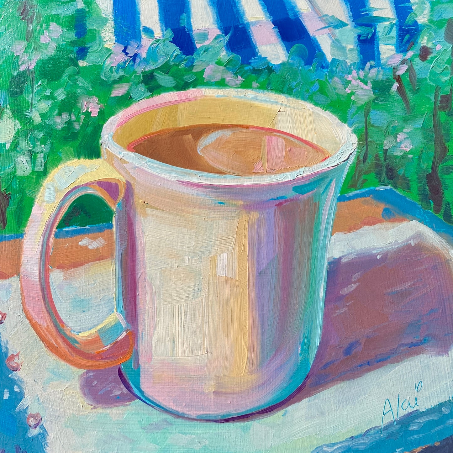 Original oil painting by Alai Ganuza titled "Coffee mug". A close-up of a pale coffee mug with vibrant pink and yellow reflections, set against a background of green bushes and a blue and white striped awning.