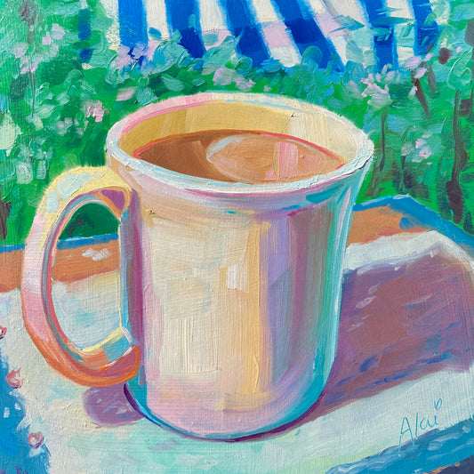 Original oil painting by Alai Ganuza titled "Coffee mug". A close-up of a pale coffee mug with vibrant pink and yellow reflections, set against a background of green bushes and a blue and white striped awning.