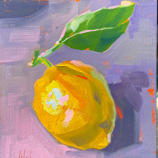 Original oil painting by Alai Ganuza titled "Lemon". A single, vibrant yellow lemon with a bright green leaf and stem, casting a deep purple shadow against a textured lavender background.